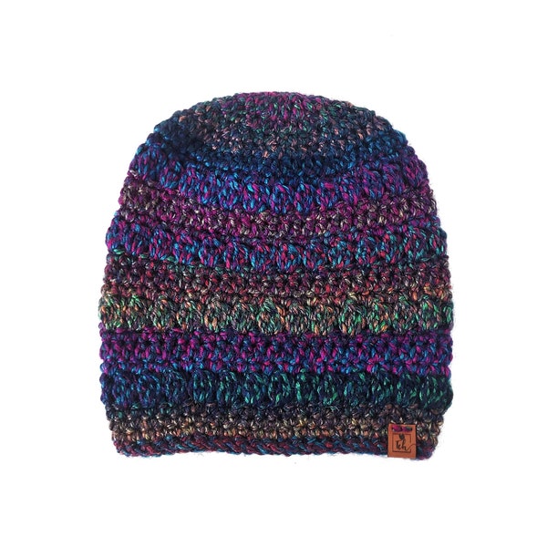 Dark Rainbow Boho Style Beanie - Bohemian Slouch Hat - Womens Fall Beanie - Multicolor Crochet Toque - Mens Beanie Hat - Knitted Vegan Toque