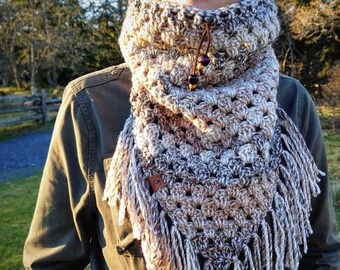 Knitted Beige Infinity Scarf with Tassels - Boho Style Crochet Scarves - Brown Triangle Cowl with Fringe - Womens Vegan Cozy Knit Scarf