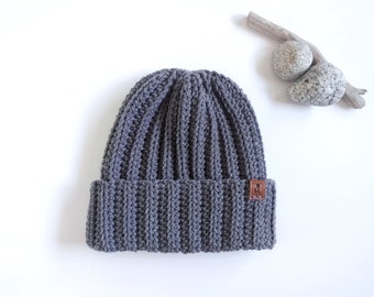 Unisex Grey Crochet Beanie - Knitted Winter Beanies for Women - Mens Slouch Hat - Handmade Knit Toque - Classic Ribbed Fisherman Beanie