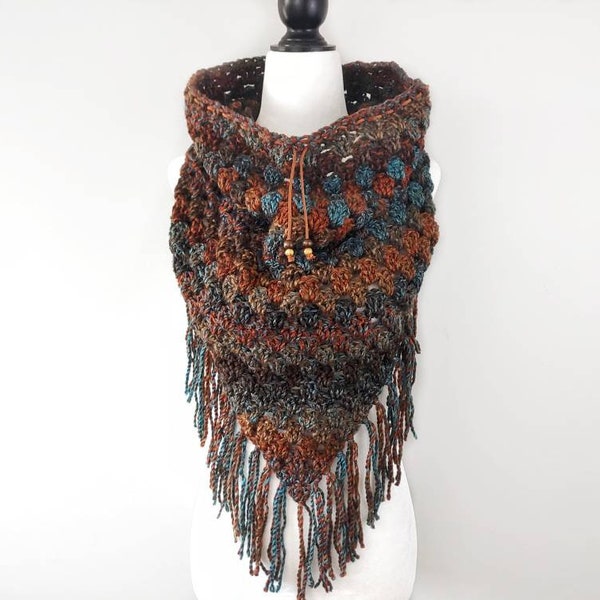 Womens Triangle Scarf with Fringe - Knitted Winter Cowl with Tassels - Handmade Teal and Brown Boho Scarf - Cozy Crochet Infinity Scarf