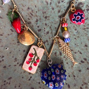 Handmade Ceramic Italian Summer Charm Necklace: 14k Gold Filled, Sardine, Tomato, Pearl