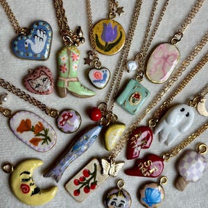 Handpainted Ceramic Charm Necklace: 14k Gold-Filled Chain, Sardine, Boot, Ghost, Bow, Moon, Poppy Pendant