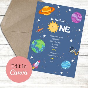 Editable First Trip Around The Sun 1st Birthday Space Invitation