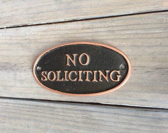 No Soliciting Sign w/ Hardware: Cast Iron with Copper Accents Outdoor Plaque