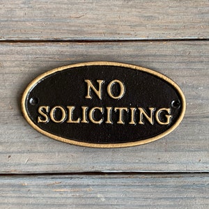 No Soliciting Metal Sign w/ Hardware, No Soliciting Cast Iron Outdoor Plaque