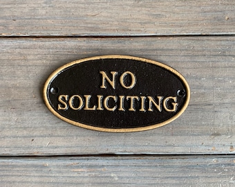 No Soliciting Metal Sign w/ Hardware, No Soliciting Cast Iron Outdoor Plaque