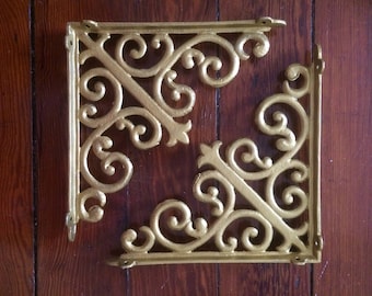 Gold Scroll Cast Iron Shelf Brackets (Set of 2), Large 10”