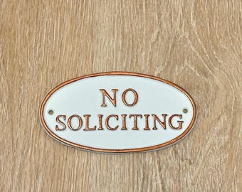 No Soliciting Cast Iron Sign w/ Hardware: Antique White with Copper Accents Outdoor Plaque