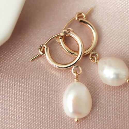 Pearl Dangle Hoops Baroque Pearl Hoop Earrings Bridesmaids Etsy