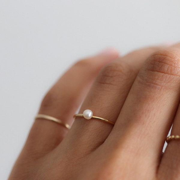 Tiny Pearl Ring - Gold Pearl Ring - Freshwater Pearl Ring - Dainty Stacking Ring - Gold Stacking Ring - Birthstone Ring