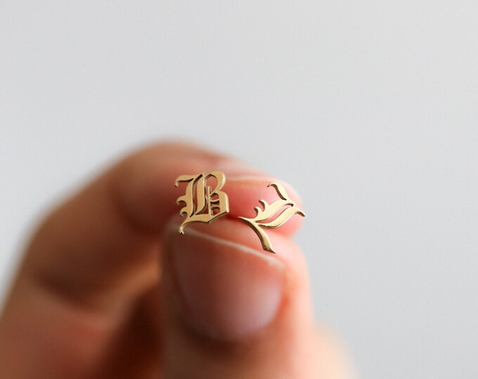 Tiny Initial Earrings - Small Letter Studs - Old English Stud Earrings - Gothic Letter  - 14k Gold Filled - Valentine's Day Gift for Her