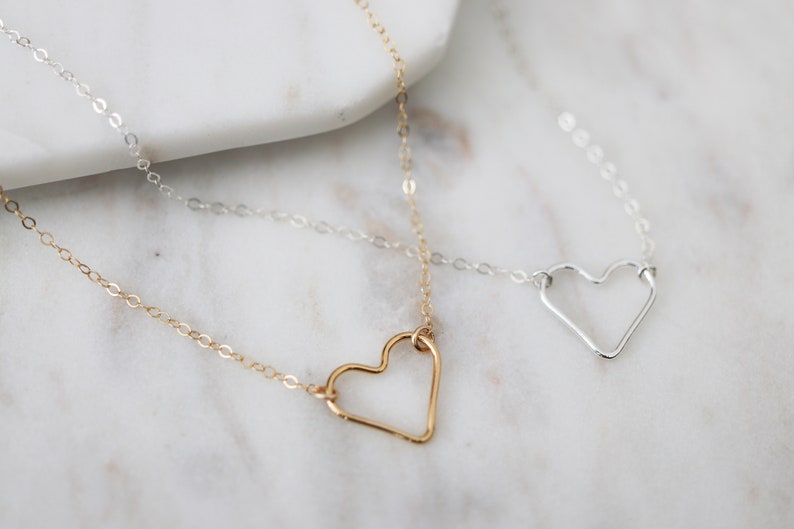 Small Heart Necklace Open Heart Necklace Heart Charm Necklace in Sterling Silver or 14k Gold Filled