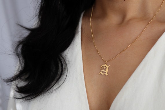 A-Z Necklace Charm 14K Yellow Gold Custom Lo Old English Initial Letter Pendant