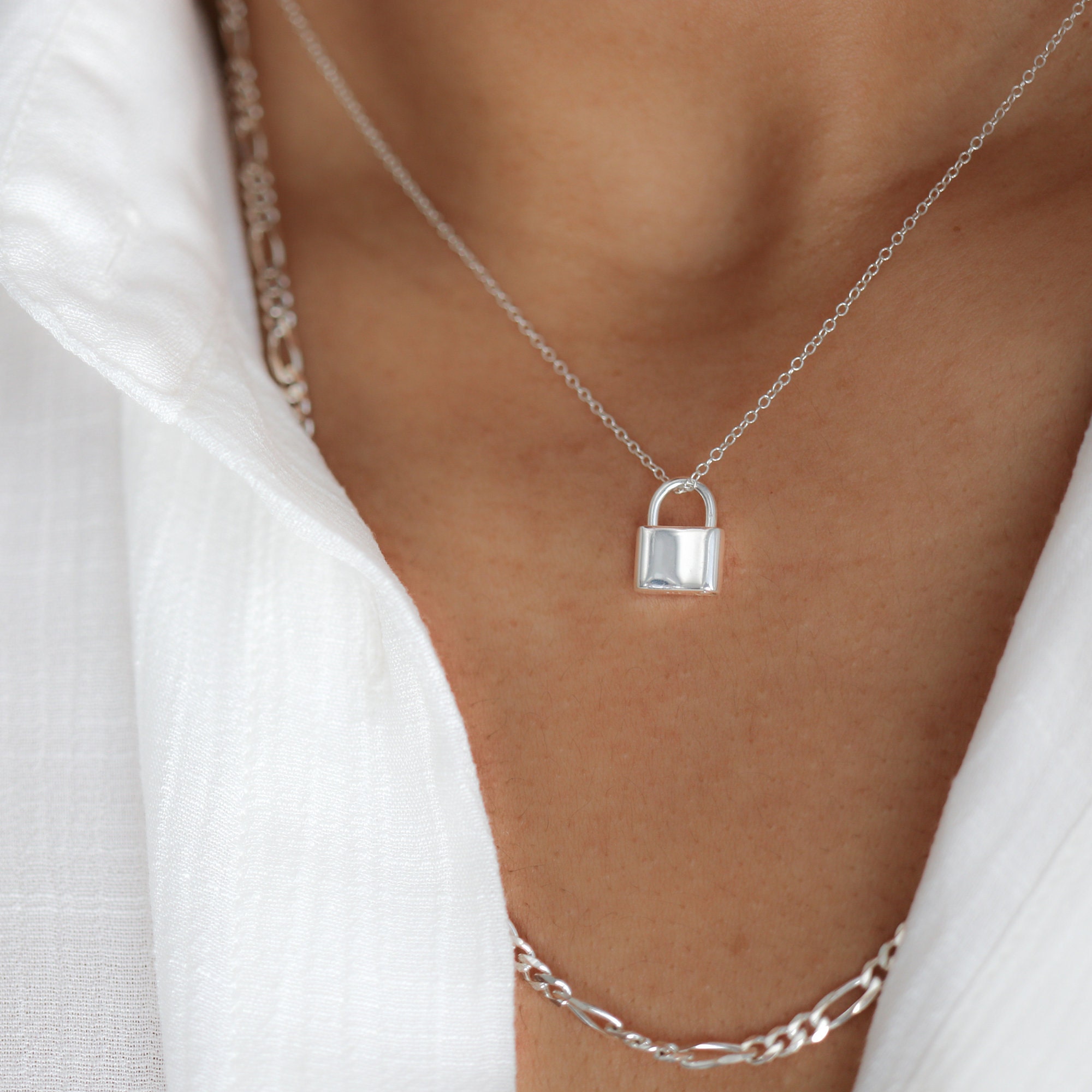 Sterling Silver Lock Necklace Dainty Pendant Necklace Etsy