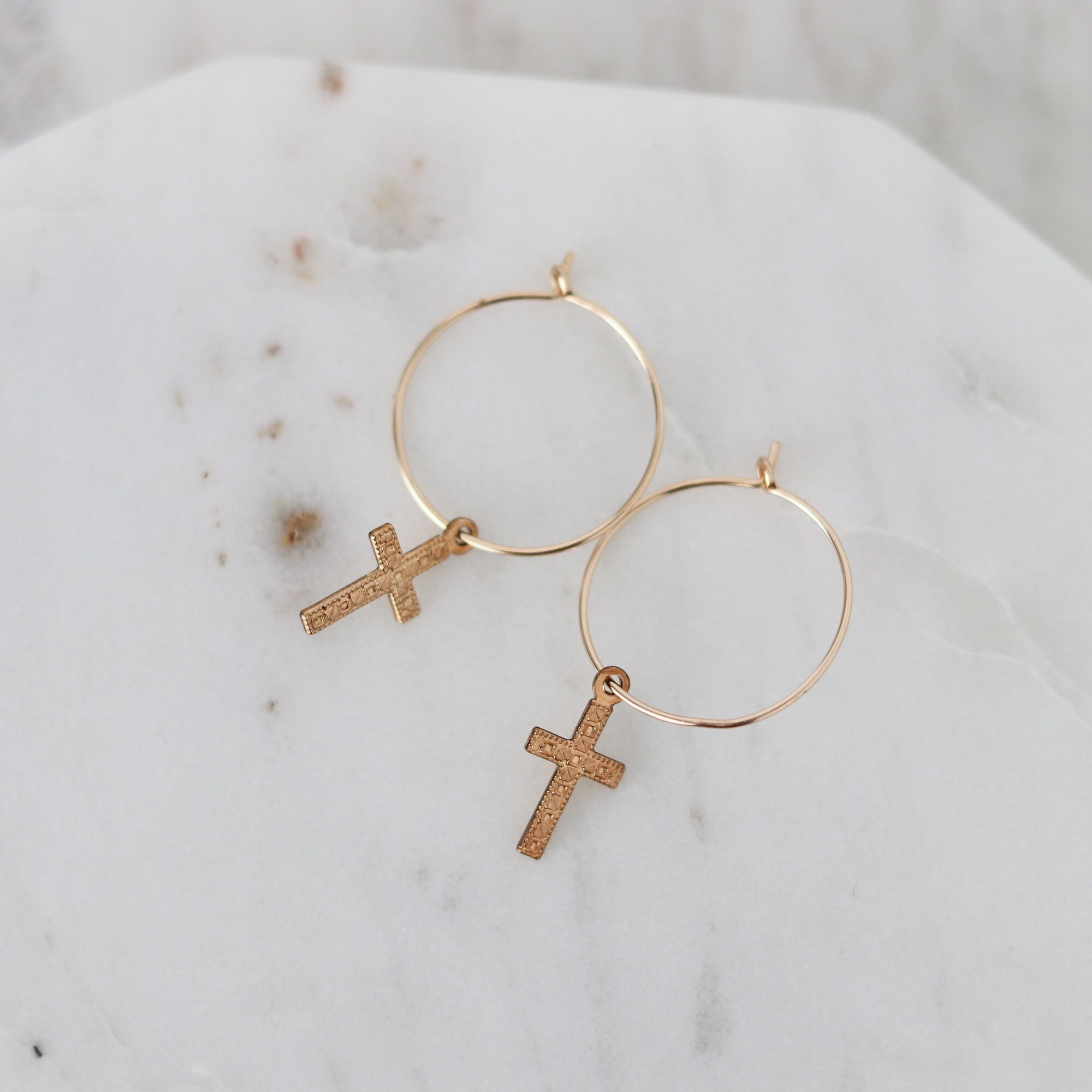 14k Gold Cross Hoop Earrings Religious Jewelry Thin Hoop Etsy