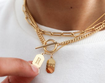 Engraved Tag Necklace - Gold Filled Tag Charm - Custom Initial Necklace - Dog Tag Pendant - Initial Tag Necklace - Gift for Her - Mom Gift
