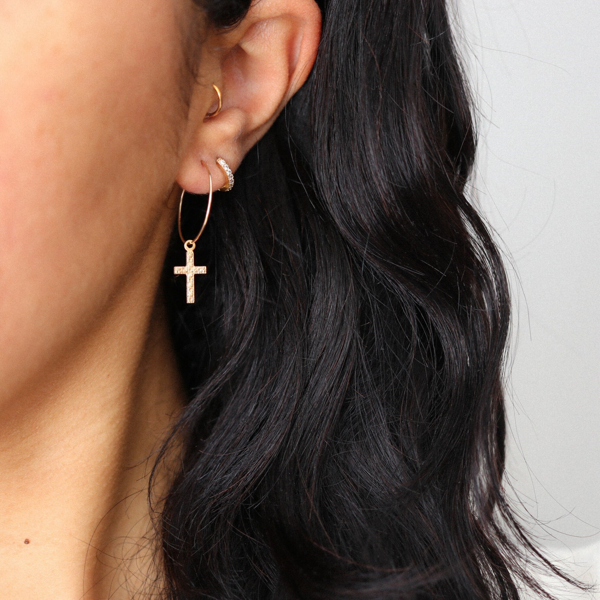 14k Gold Cross Hoop Earrings Religious Jewelry Thin Hoop Etsy