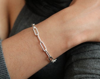 Chunky Silver Bracelet - Thick Chain Bracelet - Silver Chain Bracelet - Statement Bracelet - Paper Clip Bracelet - Rectangle Link Bracelet