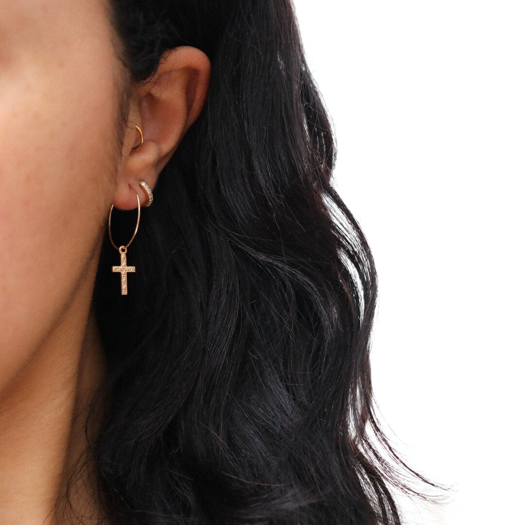Believer Cross Hoop Earrings, Gold main image 1