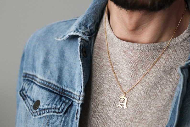 Custom Mens Necklace  Old English Letter Necklace  Gold Mens image 1