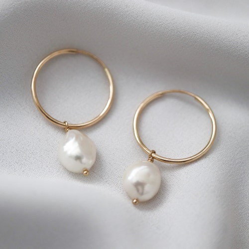 Pearl Dangle Hoops Baroque Pearl Hoop Earrings Bridesmaids - Etsy