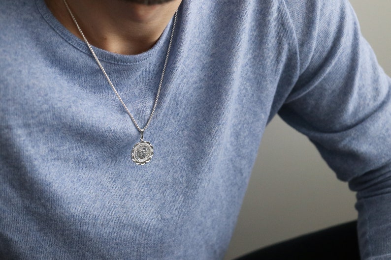 Mens Silver Neckace Medallion Necklace Pendant Gift For Men Jewelry