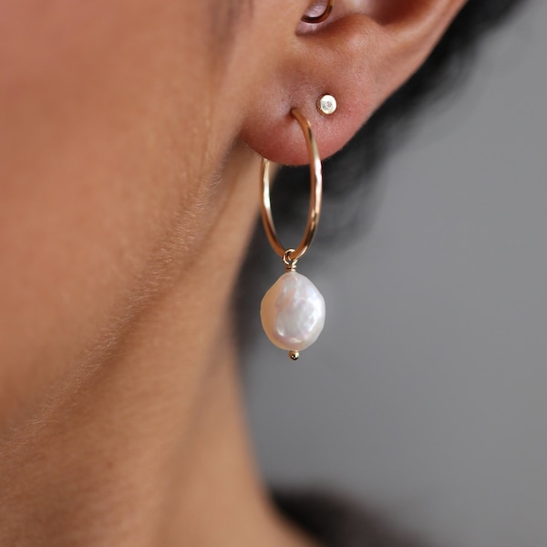 Organic Pearl Hoop Earrings - Big Pearl Earrings - Minimal Pearl Earrings - Baroque Pearl Earrings