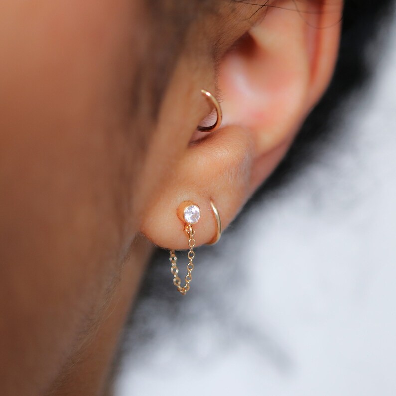 CZ Diamond Stud Earring Gold Chain Stud Earrings Minimal Etsy Canada