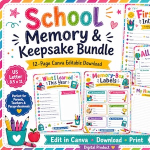 Könnte beinhalten: Ein digitales Set für Schulerinnerungen mit 12 bearbeitbaren Canva-Seiten. Das farbenfrohe Design enthält Vorlagen für Interviews zum ersten Schultag, Steckbriefe, Lerninhalte, Etiketten für Erinnerungsboxen und Handschriftproben im Format 21,59 x 27,94 cm.
