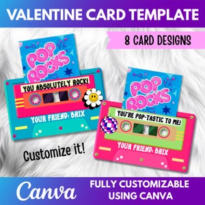 Może przedstawiać: Szablon kartki walentynkowej z motywami retro kaset w kolorze różowym i turkusowym. Kartki zawierają tekst "Pop Rocks" oraz frazy takie jak "You Absolutely Rock!" i "You're Pop-tastic to Me!" z logo Canva.