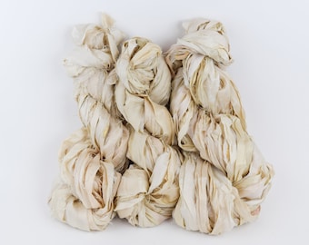 NATURAL UNDYDED sari silk ribbon, off white, tassel ribbon,  junk journal sari silk, natural raw edge silk ribbon, natural silk yarn