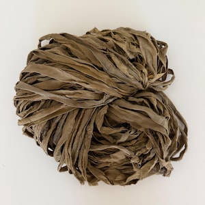 Moss 5y recycled Silk chiffon ribbon, silk ribbon,artisan ribbon, hat ribbon, earthy colored silk ribbon