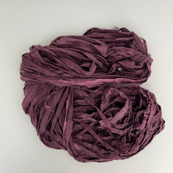 EGGPLANT 5YD dyed recycled silk chiffon ribbon, sari tassel ribbon, journal ribbon, sari silk ribbon, shabby ribbon, purple silk ribbon