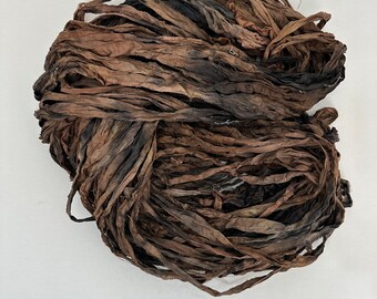 CHARRED 5Y recycled silk ribbon, raw edge ribbon, rustic silk ribbon, shabby silk ribbon, millinery ribbon, brown silk Ribbon, BOHO ribbon