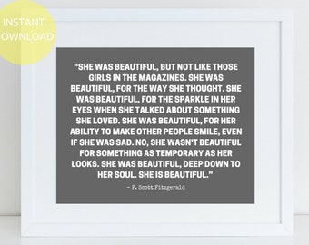 She was Beautiful  - F Scott Fitzgerald - Quote Valentine's Gift Under 10 Dollars Mothers Day Wedding Engagement  Birthday Daughter Sister