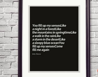 John Denver Annie's Birthday Christmas Xmas 1 Year Anniversary Wedding First Dance Engagement Last Minute Song Lyric Print Printable Art