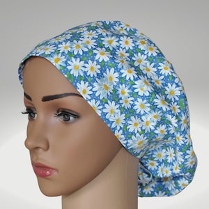 Blue and White Daisy Patterned Euro Scrub Hat for Nurses and Med Students