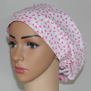 Scrub Hat, Surgical Cap, Women's Euro OR Hat, with Pink Flamingoes on a White Background, ThePinkFeatherCo