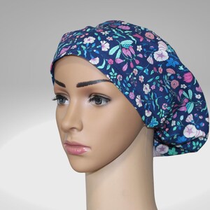 Euro Scrub Hat: Blue and Pink Floral Design, Adjustable Cord