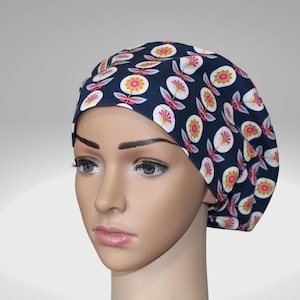 Euro Scrub Hat: Blue and Pink Floral Design, Adjustable Cord