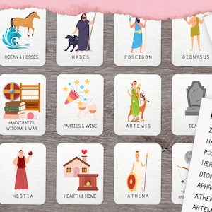 Può includere: Un gioco di abbinamento dei dei greci stampabile e colorato con illustrazioni degli dei e dei loro attributi. Il gioco include Zeus, Ade, Poseidone, Era, Dioniso, Afrodite, Atena e Artemide.