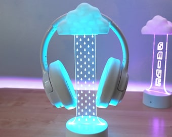 Cloud Headphone Stand | Customizable LED Headset Stand | Rain and Cloud Gaming Decor