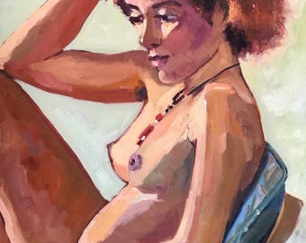 Portrait of a Black Woman, seated portraiture of African American woman life painting the Black model oil painting on canvas female model