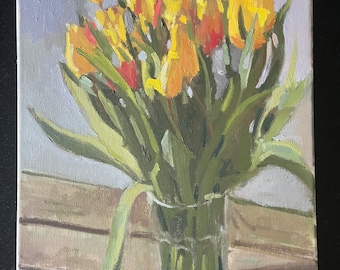 Bodegón de tulipanes, pintura al óleo: ramo floral amarillo y naranja (11 x 14)