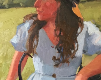 Profile female portrait painting on canvas oil paint portraiture woman in summer dress and a hat. Original portrait painting