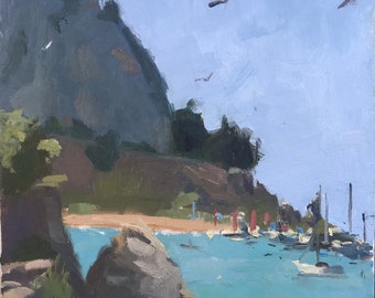 Cefalu paisaje pintura al óleo Sicilia Italia paisaje marino playa arte original sobre lienzo con paneles