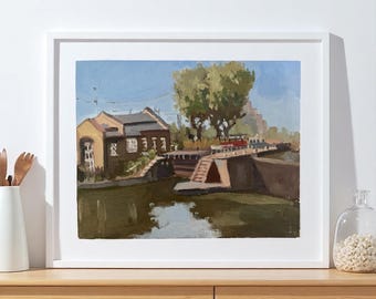 London landscape original oil painting on panel of St Pancras locks