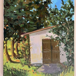 Plein Air Oil Painting The shed countryside landscape oil painting green garden and trees in the French country