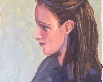 Original Oil Portrait Painting: Impressionist Female Profile, 12x12