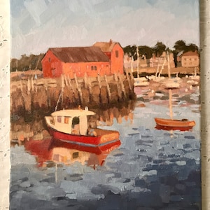 Rockport harbor oil painting original art Massachusetts landscape painting on canvas New England art boats seascape